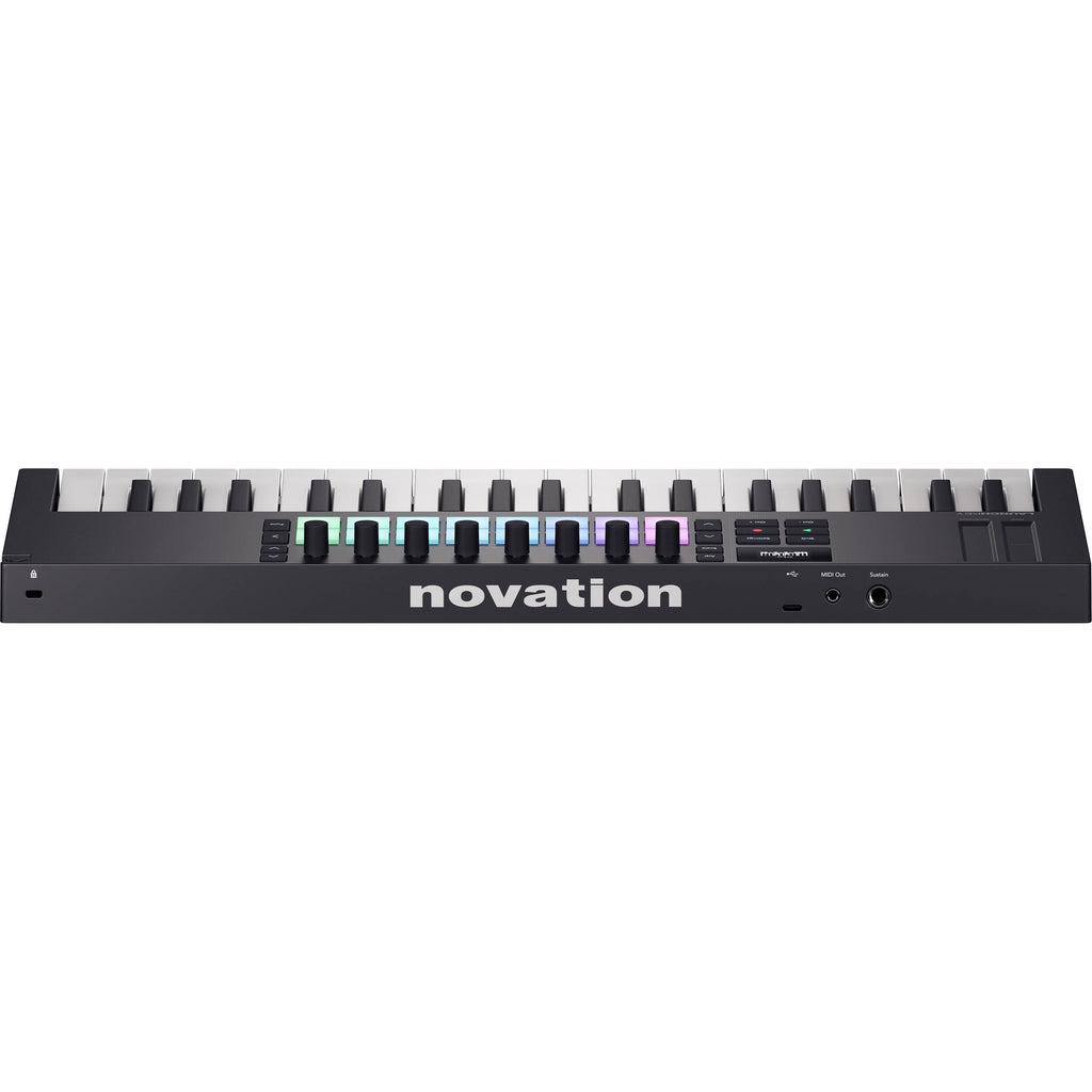 Novation Launchkey Mini 37 MK4 MIDI keyboard with compact design, 37 keys, and control pads for music production.