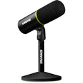 Shure MV6 USB microphone with adjustable stand and headphone jack, designed for professional podcasting and streaming.
