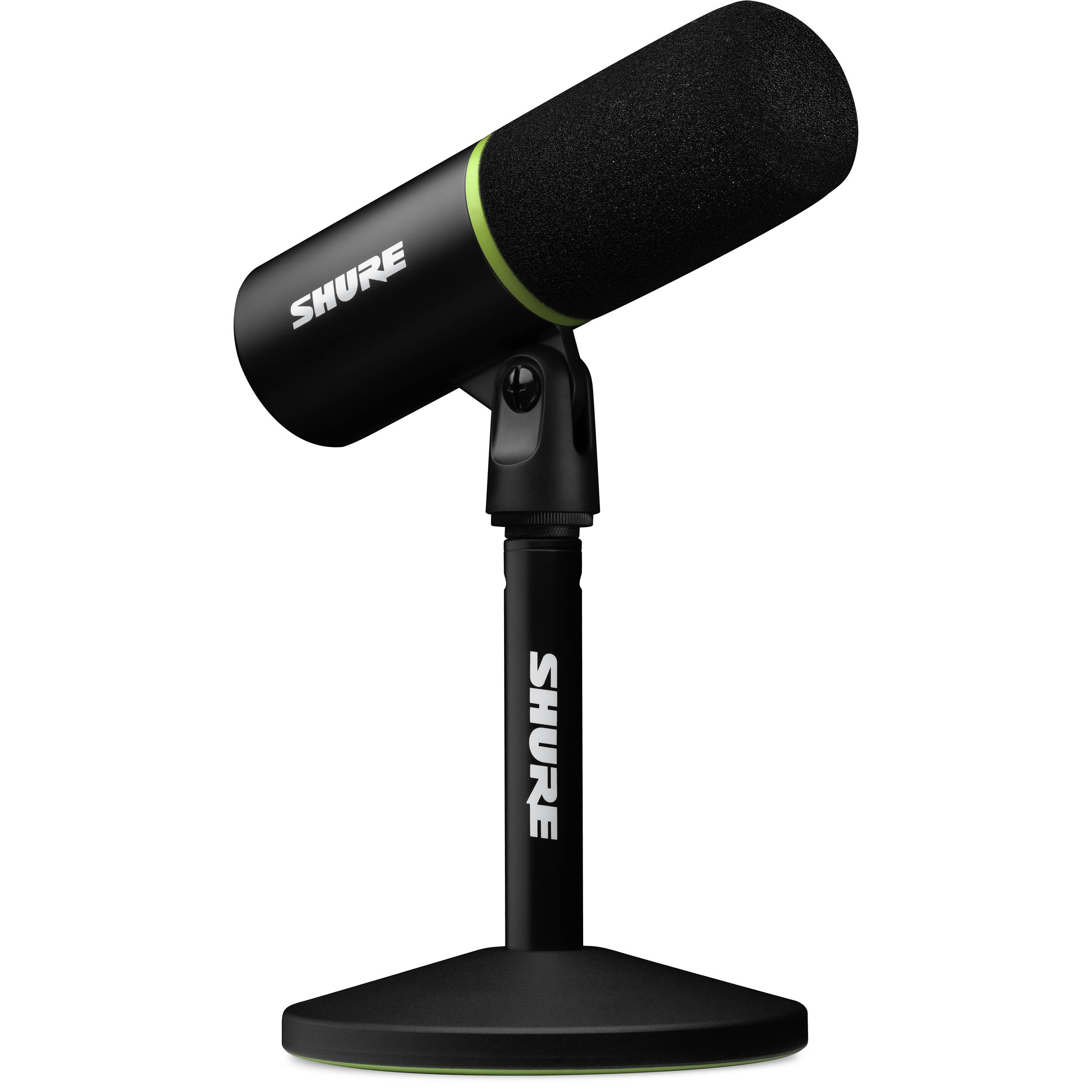 Shure MV6 USB microphone with adjustable stand and headphone jack, designed for professional podcasting and streaming.