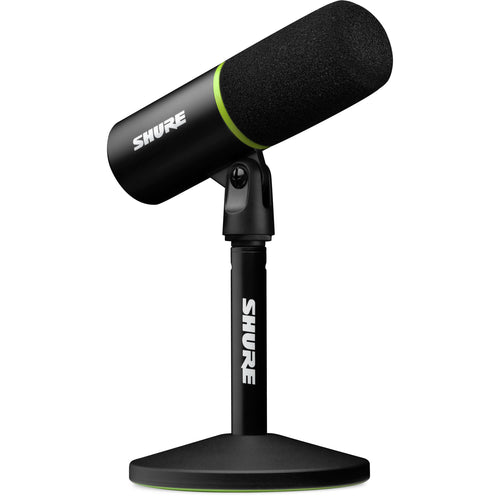 Shure MV6 USB microphone with adjustable stand and headphone jack, designed for professional podcasting and streaming.