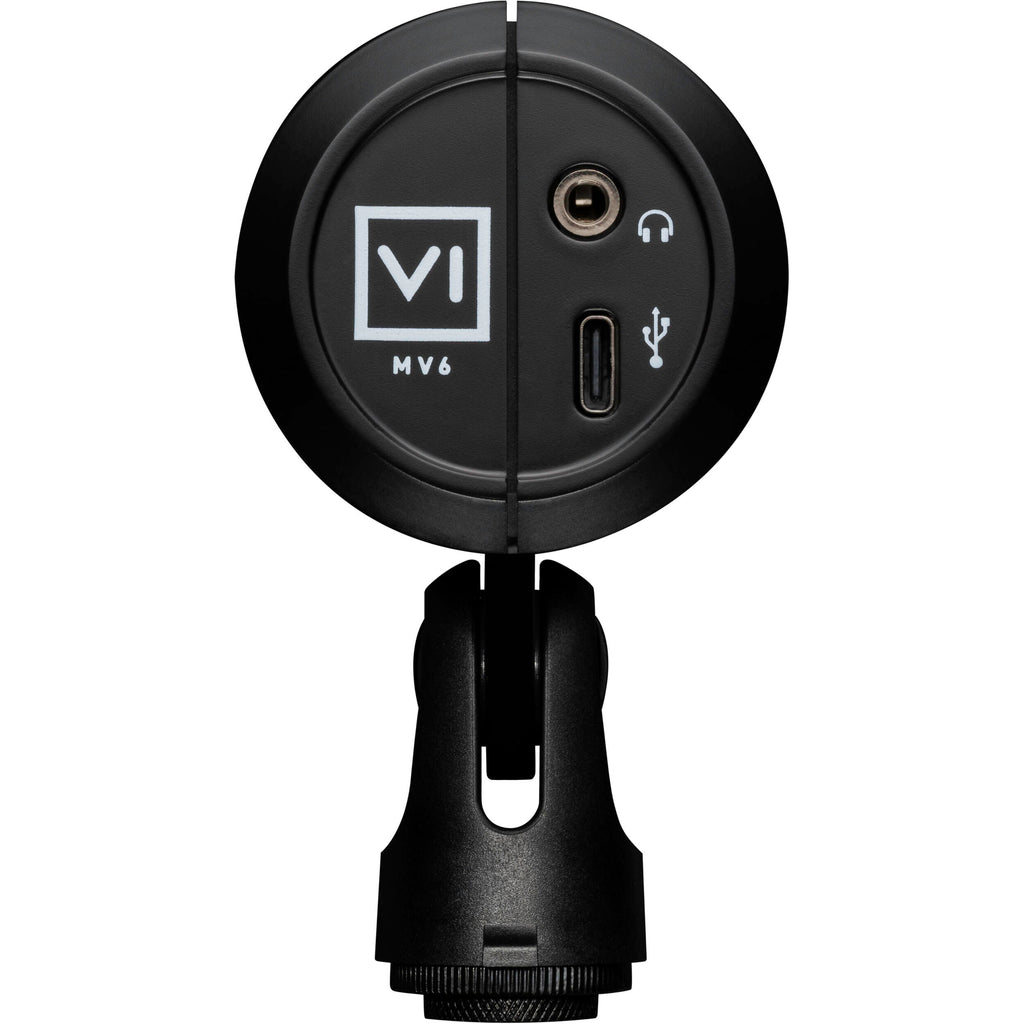 Shure MV6 USB microphone with adjustable arm and pop filter for clear audio recording and streaming.
