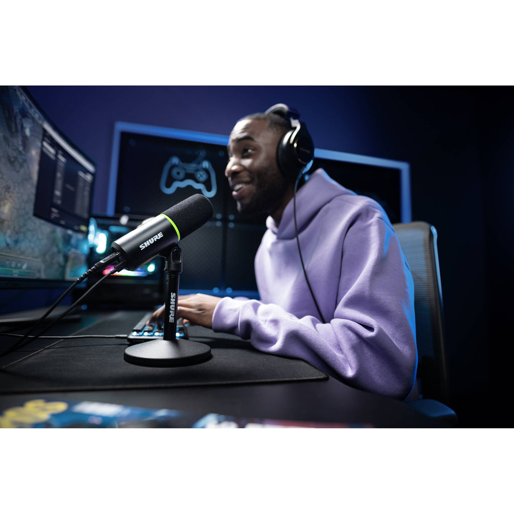 Shure MV6 USB microphone with a sleek black design, featuring a built-in headphone jack and versatile controls for professional audio.