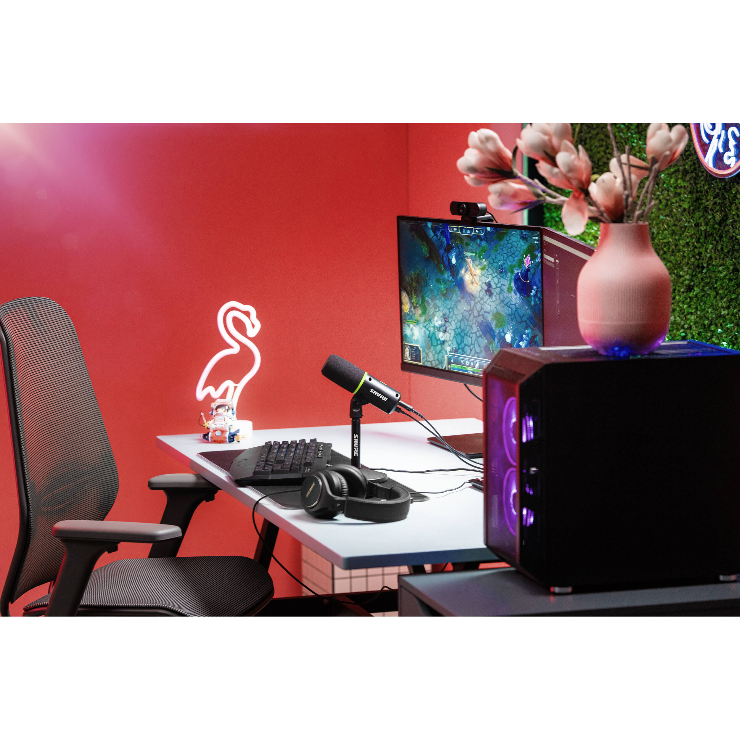 Shure MV6 USB microphone with black body and adjustable stand for professional audio recording and streaming.