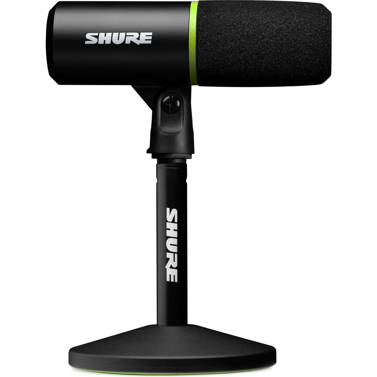 Shure MV6 USB microphone with sleek black design, featuring control knobs and a built-in headphone jack for professional audio recording.