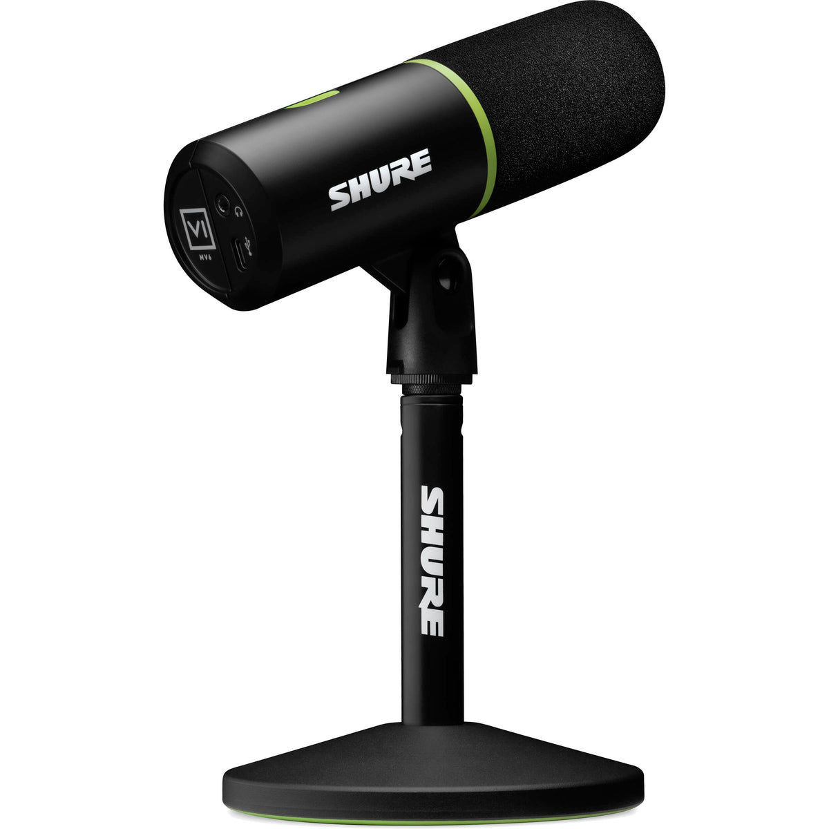 Shure MV6 USB microphone with adjustable stand and controls, ideal for podcasting and recording in a professional setup.