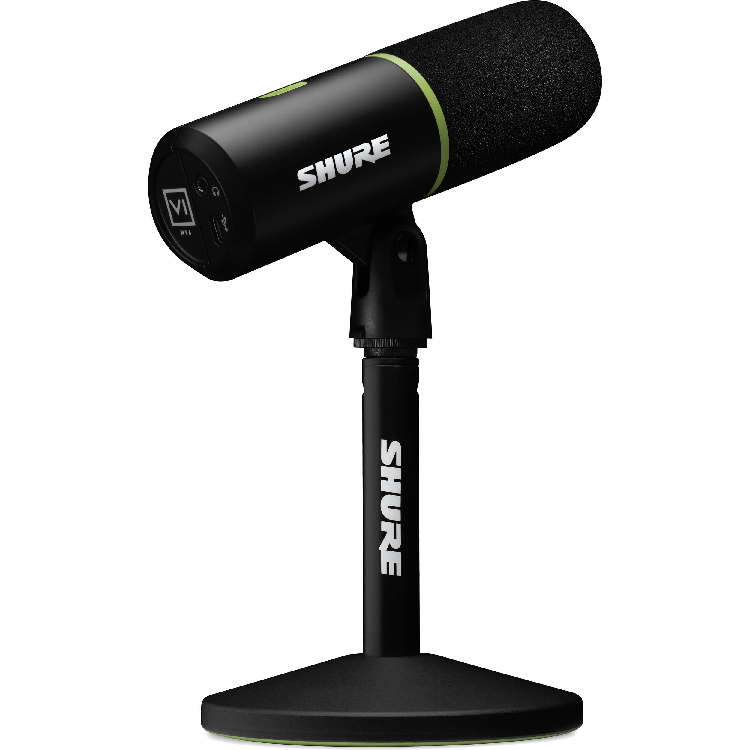 Shure MV6 USB microphone with adjustable stand and controls, ideal for podcasting and recording in a professional setup.