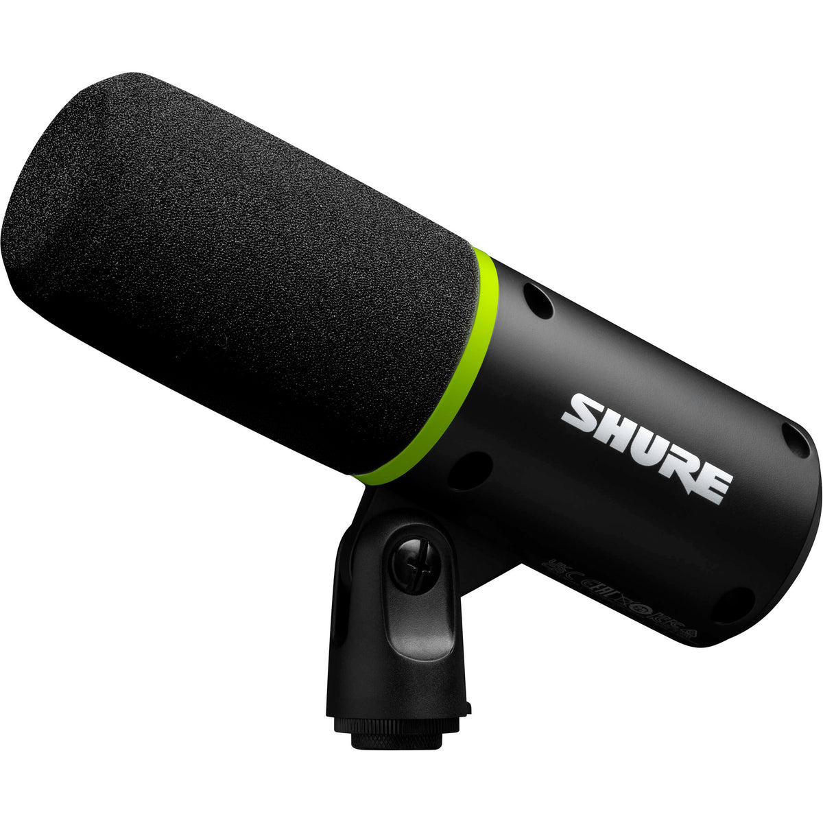 Shure MV6 USB microphone with a black body and adjustable stand, ideal for podcasting and streaming.