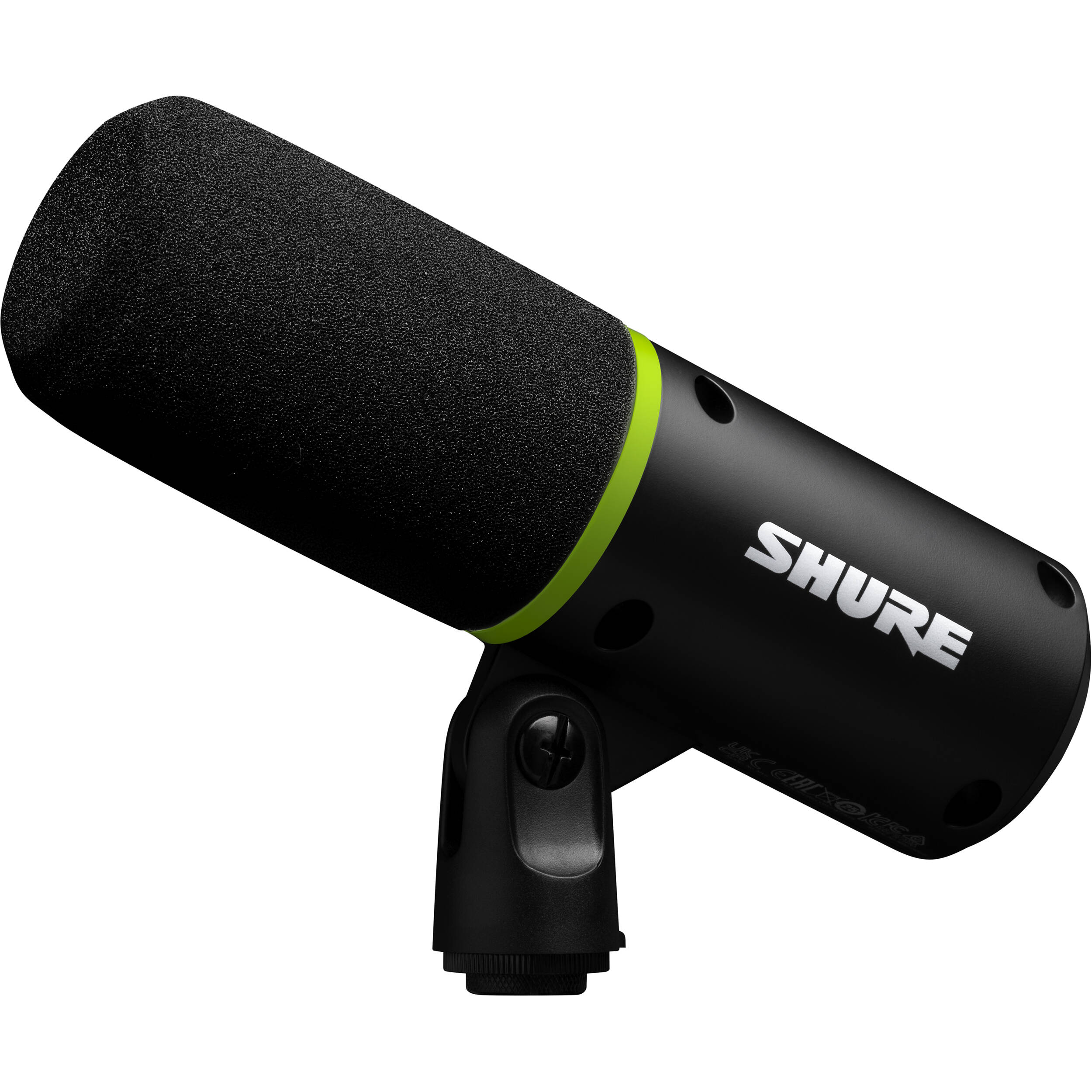 Shure MV6 USB microphone with a black body and adjustable stand, ideal for podcasting and streaming.