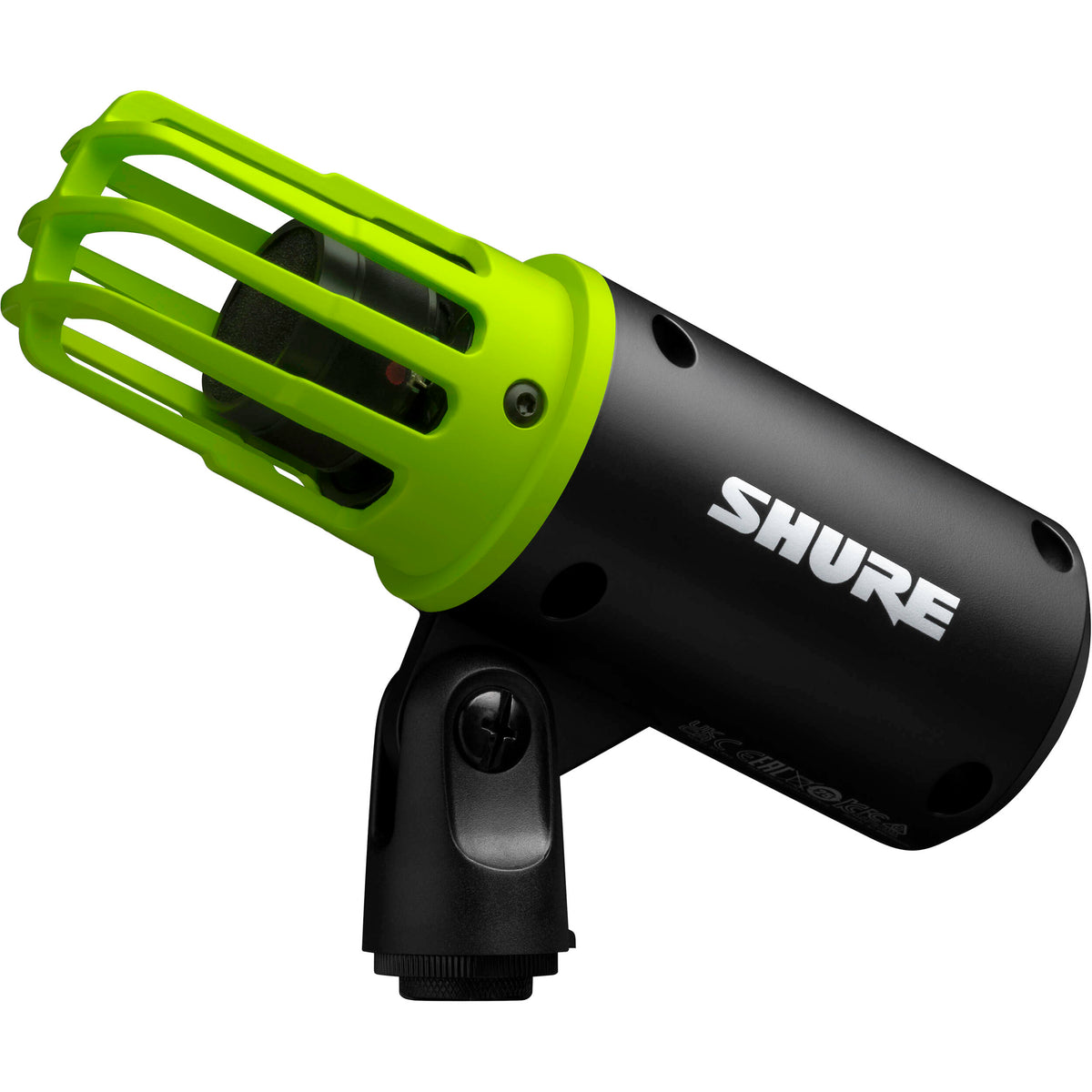 Shure MV6 USB microphone with black finish, featuring adjustable stand and control knobs for professional audio recording.