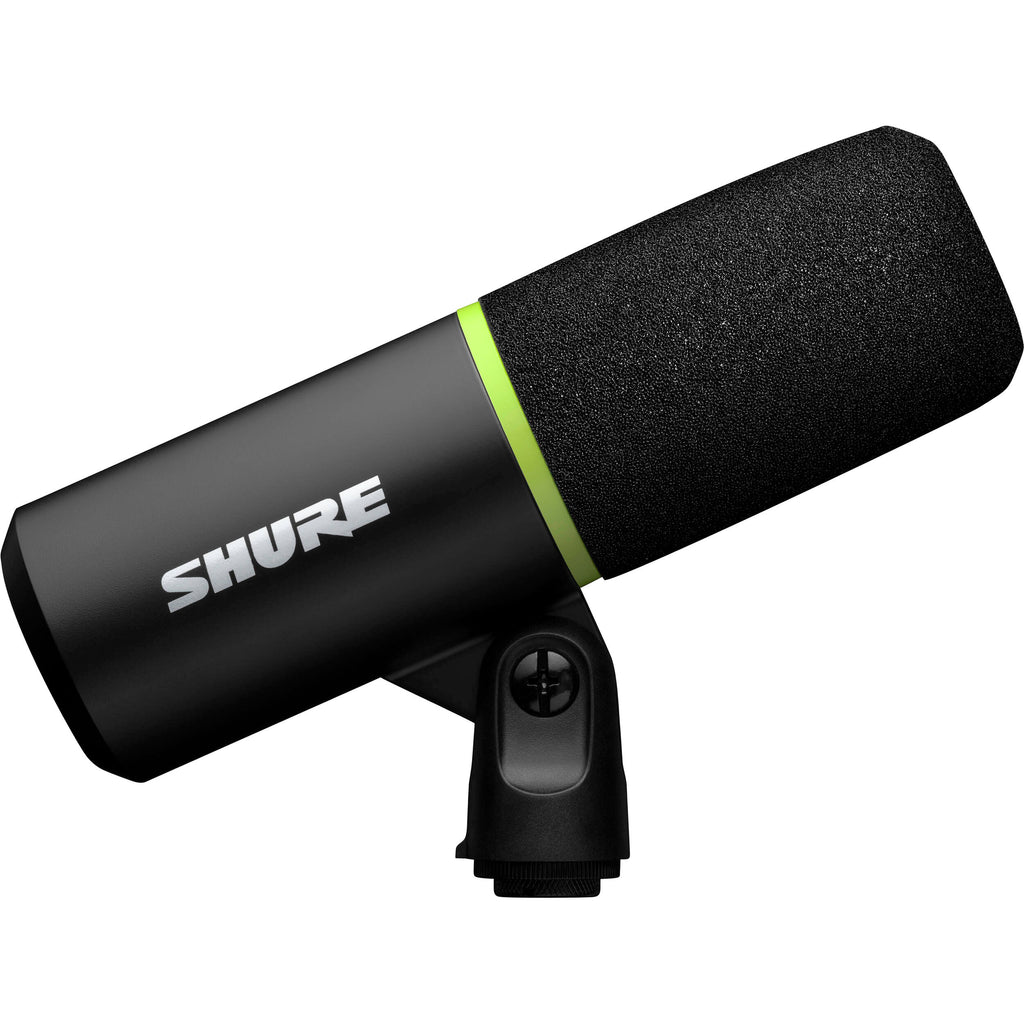 Shure MV6 USB microphone with adjustable stand and built-in controls, ideal for podcasting and streaming.