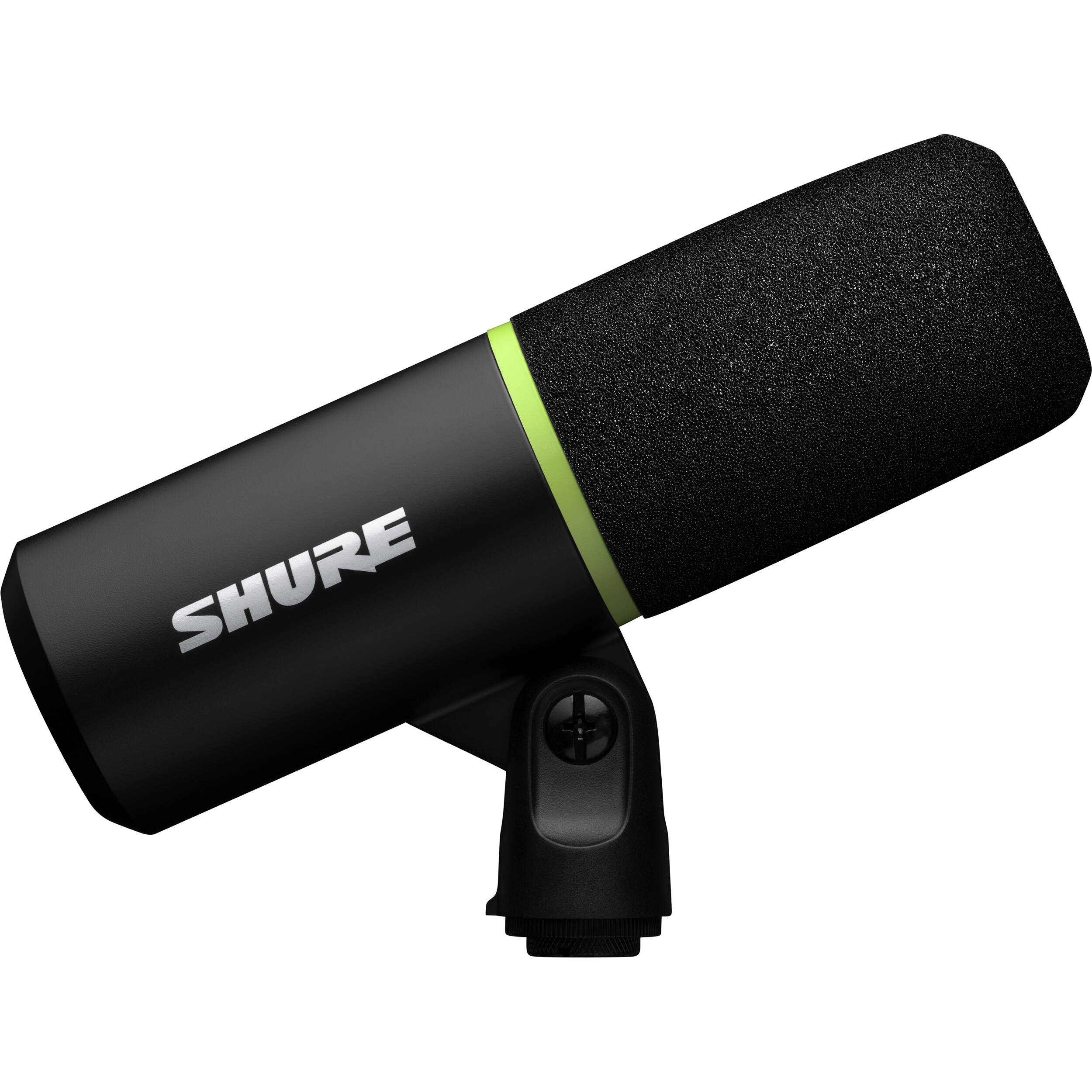 Shure MV6 USB microphone with adjustable stand and built-in controls, ideal for podcasting and streaming.