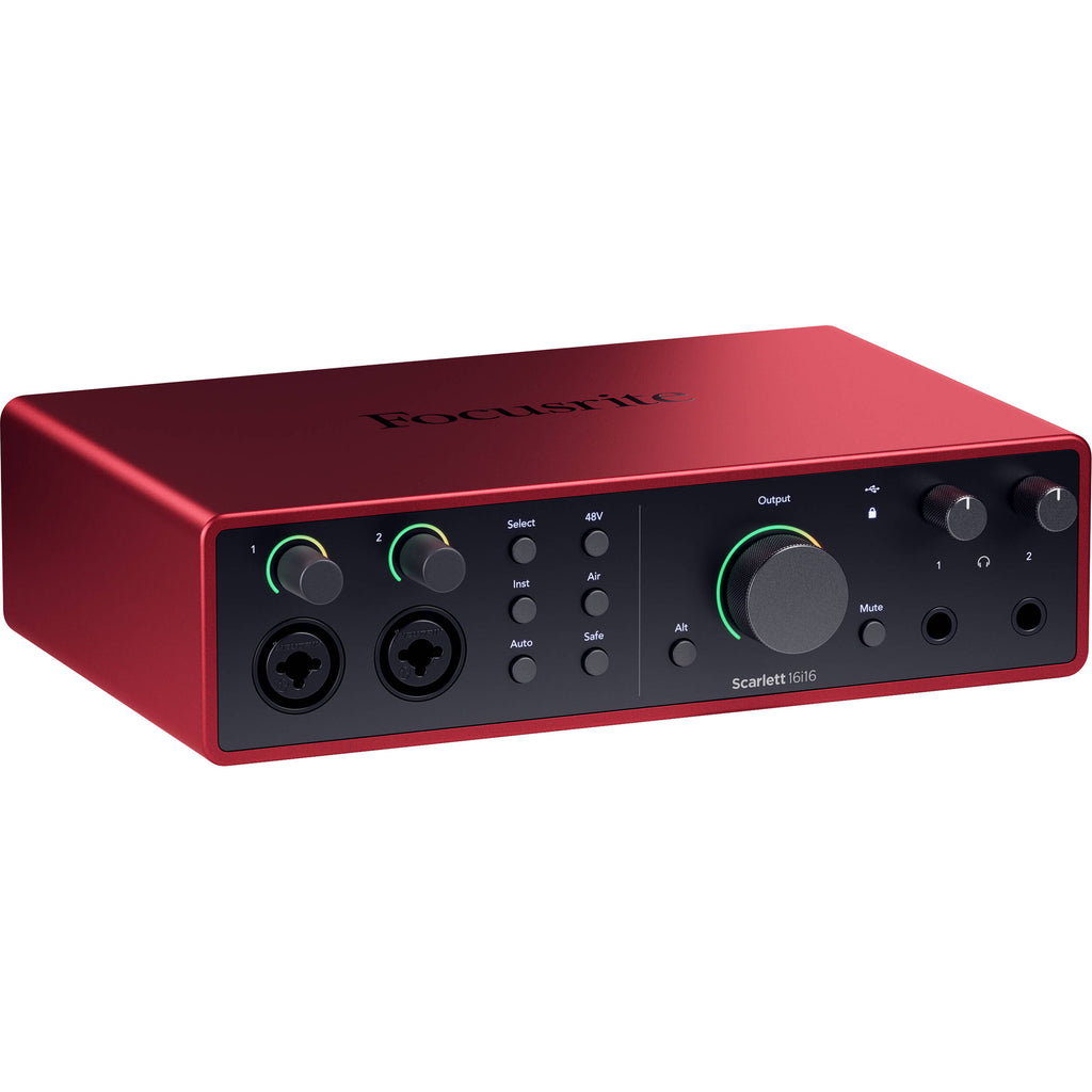 Focusrite Scarlett 16i16 4th Gen audio interface with multiple input and output ports, USB connection, and professional controls.