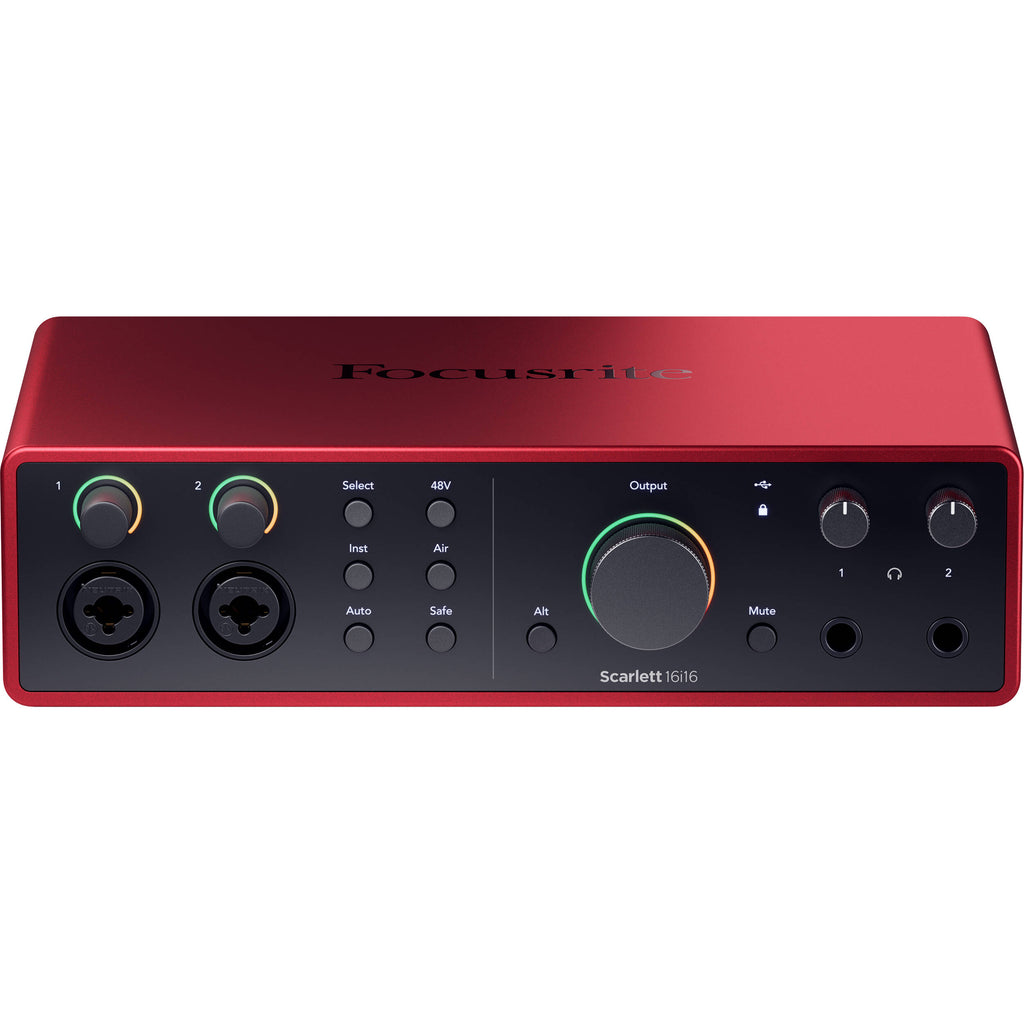 Focusrite Scarlett 16i16 4th Gen audio interface with multiple input and output ports, compact design, and professional audio capabilities.