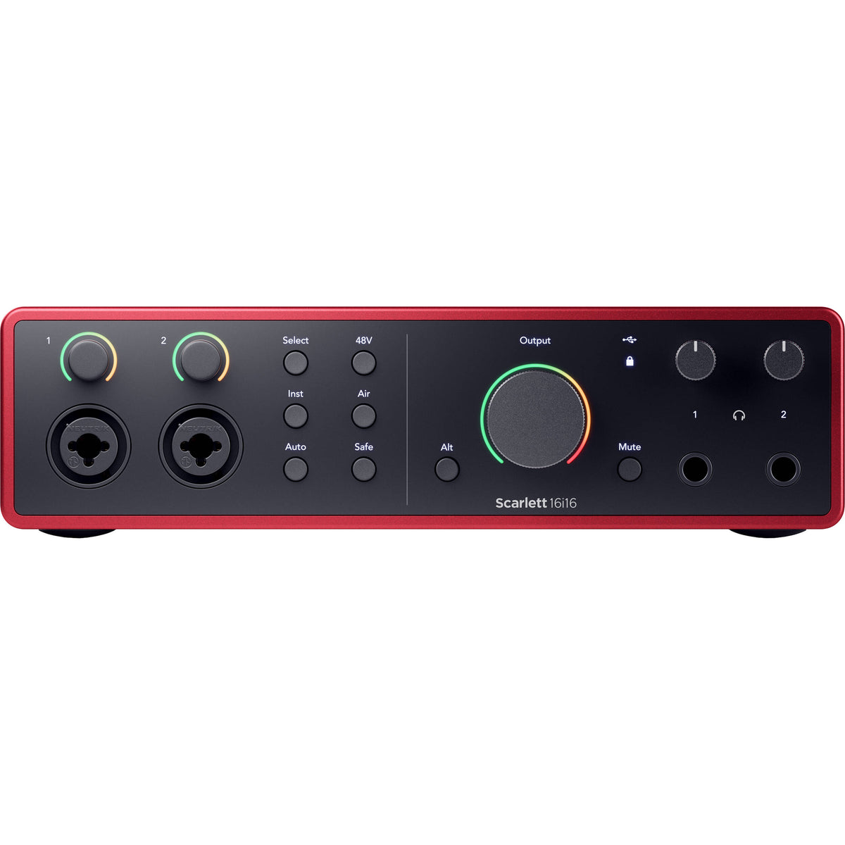 Focusrite Scarlett 16i16 4th Gen audio interface with multiple input and output ports, compact design, and professional audio quality.