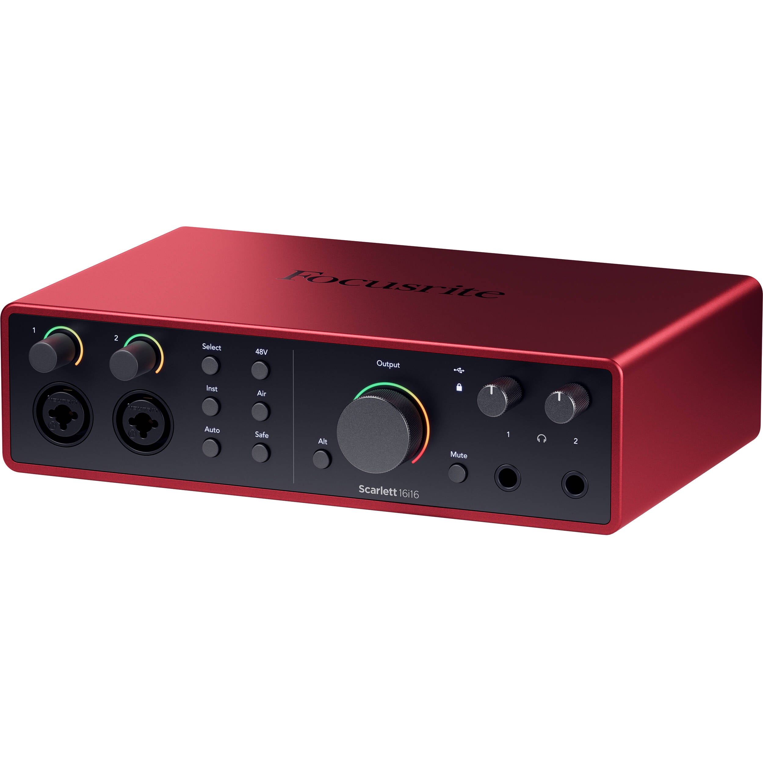 Focusrite Scarlett 16i16 4th Gen audio interface with multiple input and output ports, black metal chassis, and control knobs.