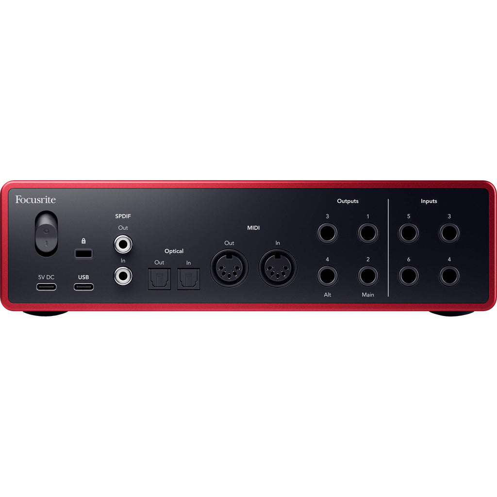 Focusrite Scarlett 16i16 4th Gen audio interface with multiple input and output ports for professional music recording.