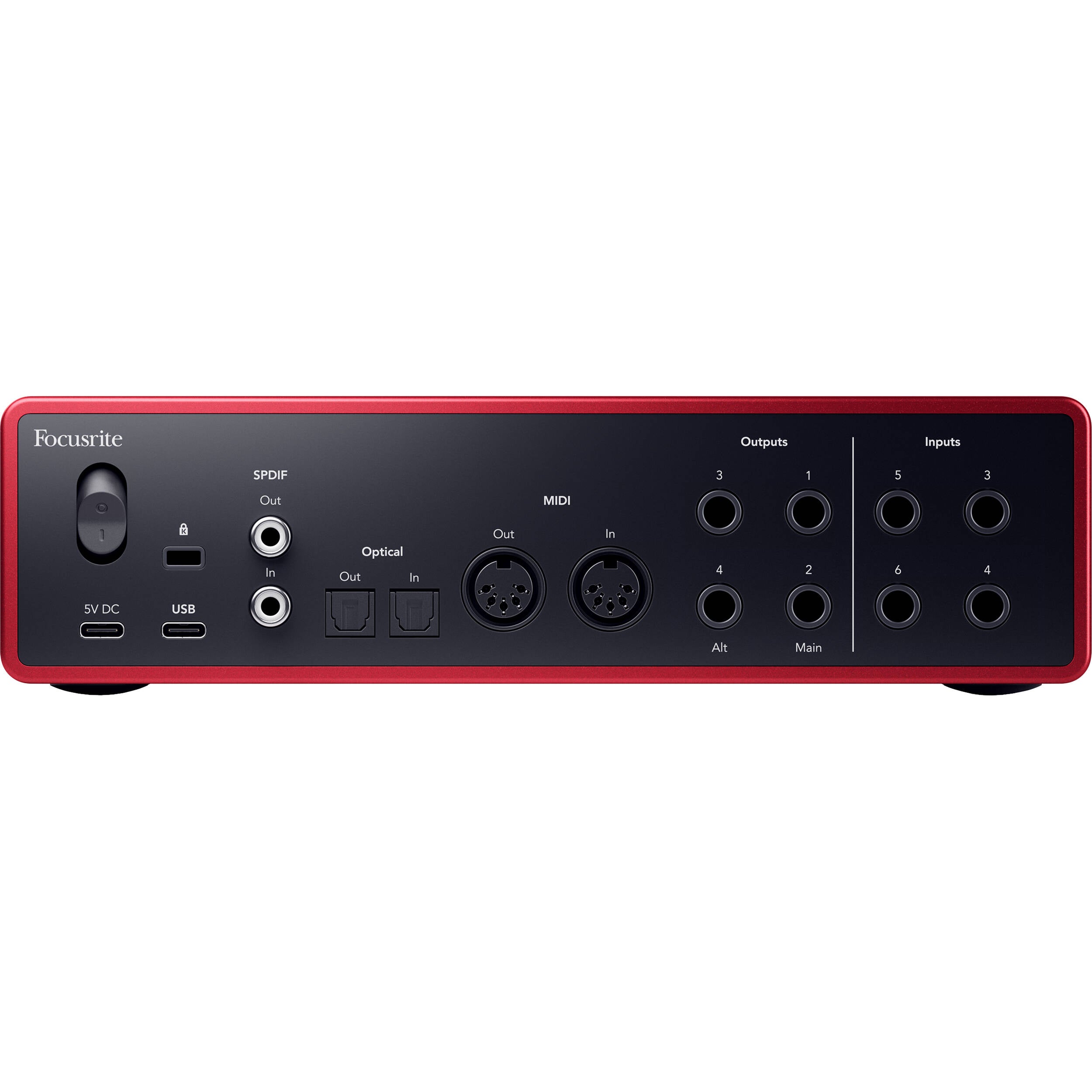Focusrite Scarlett 16i16 4th Gen audio interface with multiple input and output ports for professional music recording.
