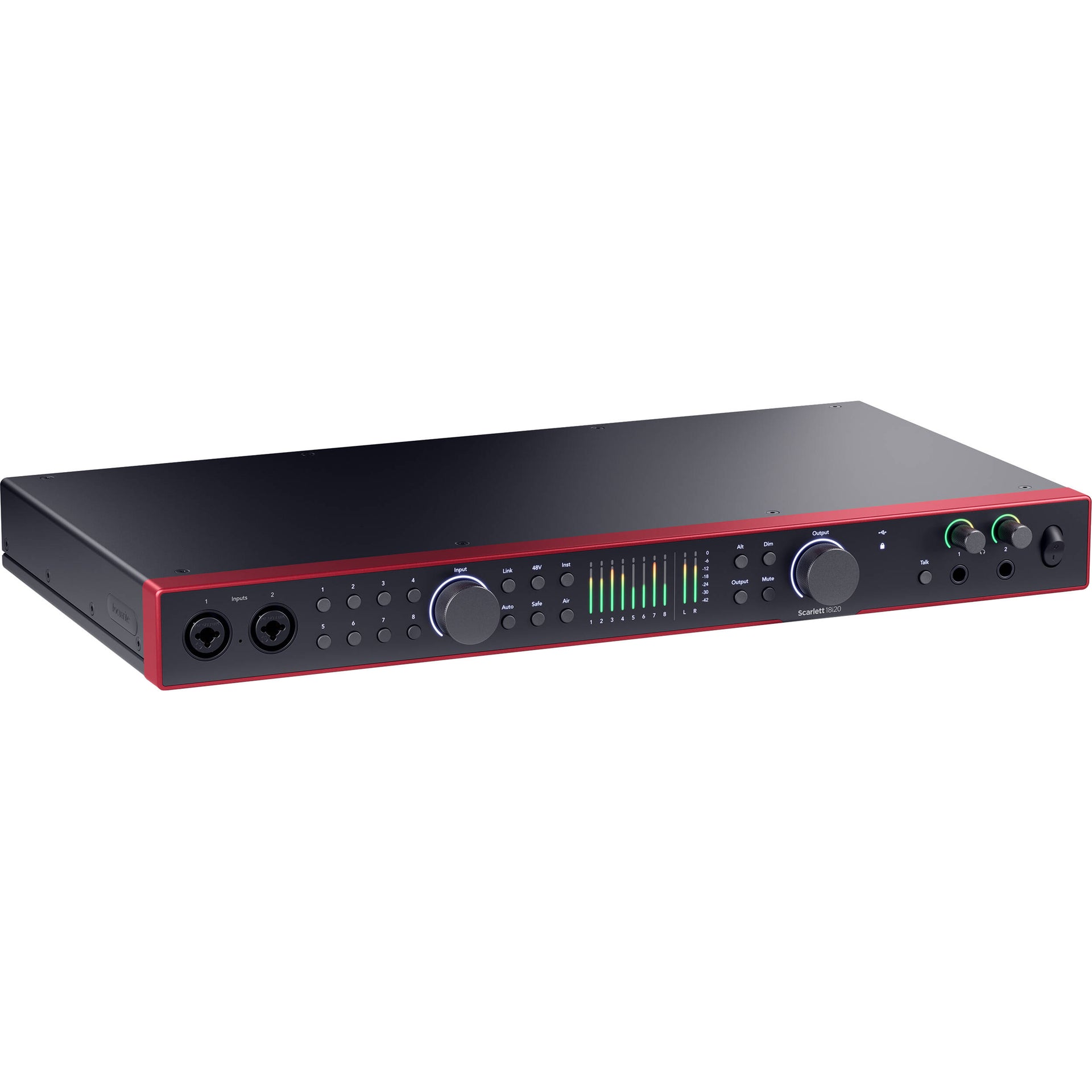 Focusrite Scarlett 18i20 4th Gen audio interface with multiple input/output ports and sleek black design.