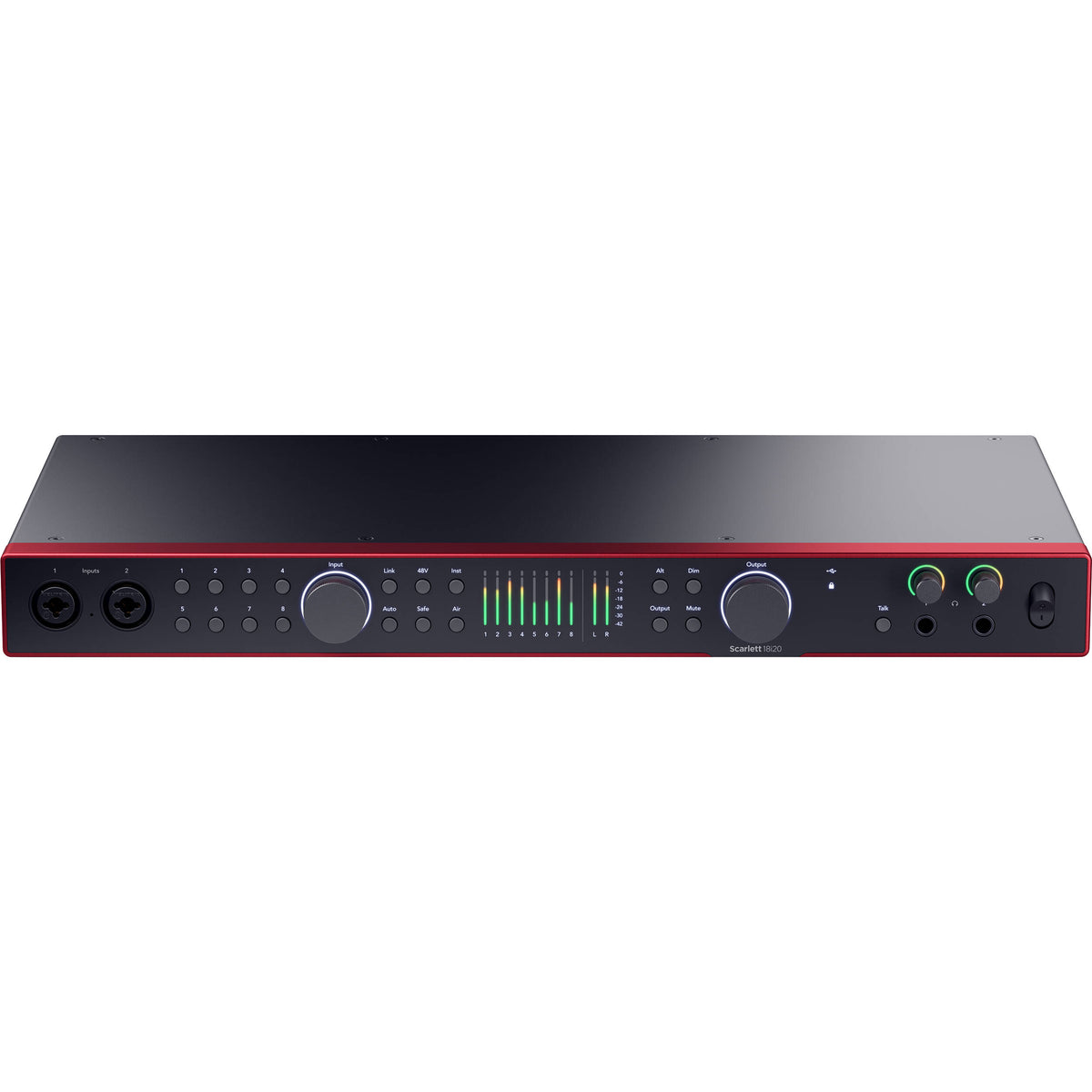 Focusrite Scarlett 18i20 4th Gen audio interface with multiple input and output ports, compact design, and professional audio connectivity.