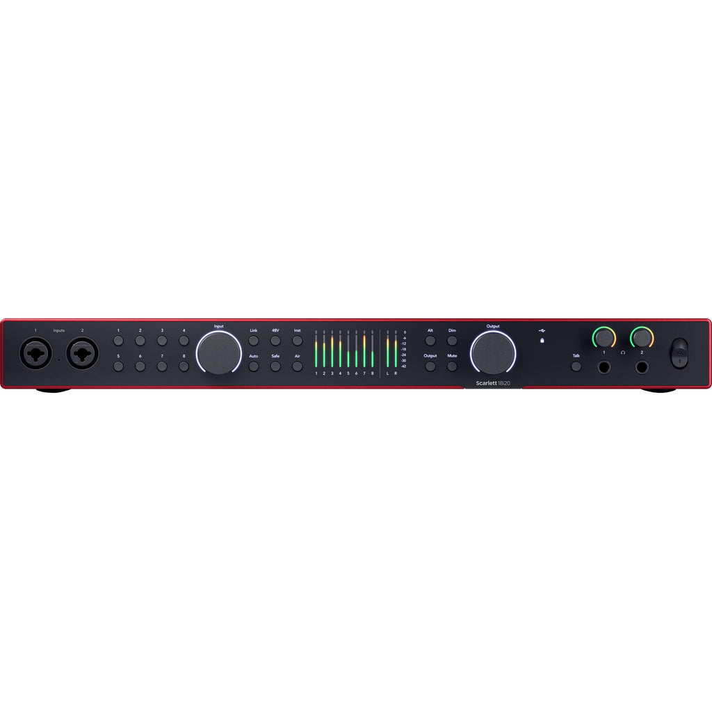 Focusrite Scarlett 18i20 4th Gen audio interface with multiple input and output ports, black rectangular device with knobs and meters.