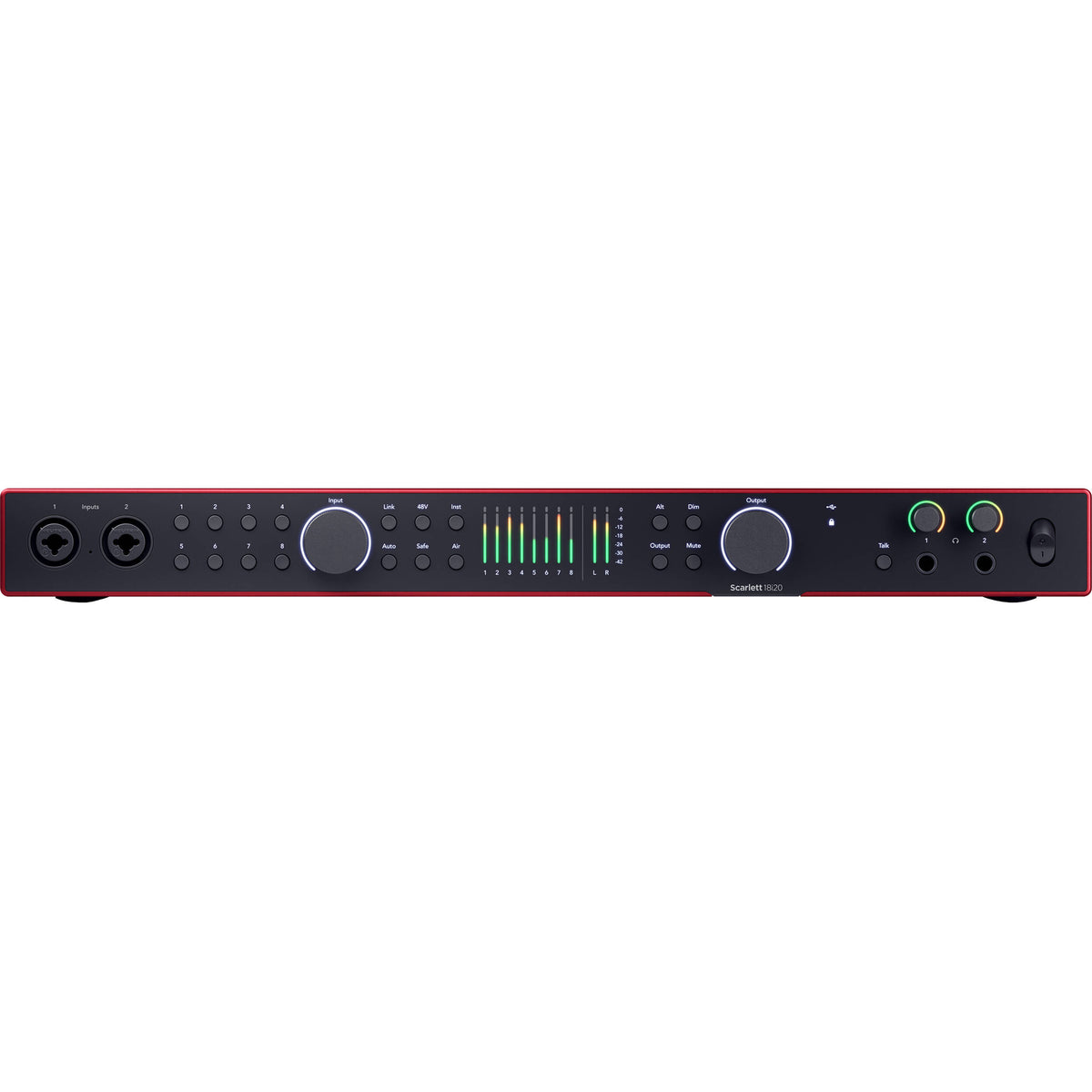 Focusrite Scarlett 18i20 4th Gen audio interface with multiple input and output ports, black rectangular device with knobs and meters.