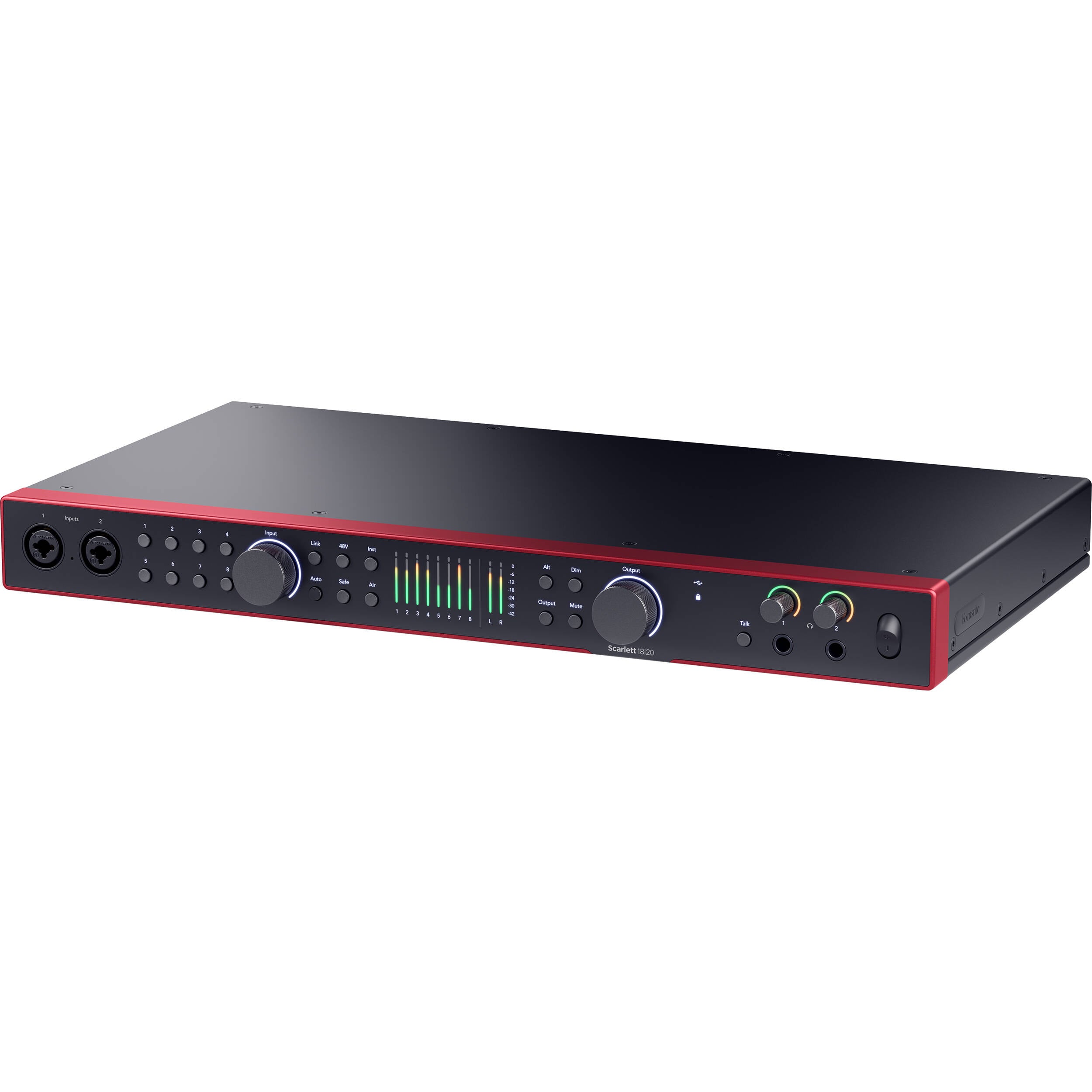 Focusrite Scarlett 18i20 4th Gen audio interface with multiple input and output ports, compact design, and professional audio quality.