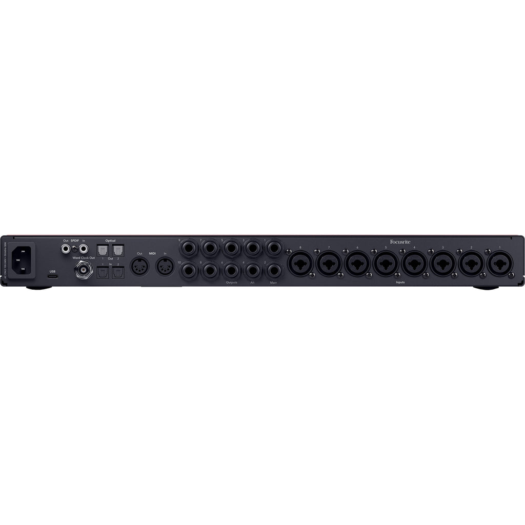 Focusrite Scarlett 18i20 4th Gen audio interface with multiple input and output ports, USB connection, and sleek black design.