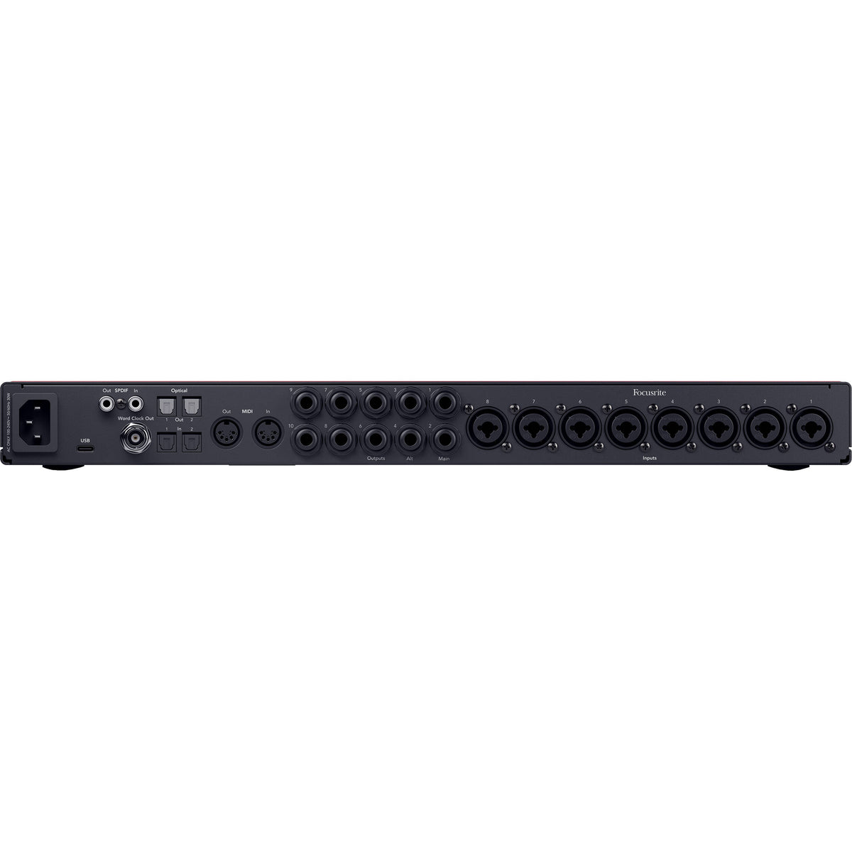 Focusrite Scarlett 18i20 4th Gen audio interface with multiple input and output ports, USB connection, and sleek black design.