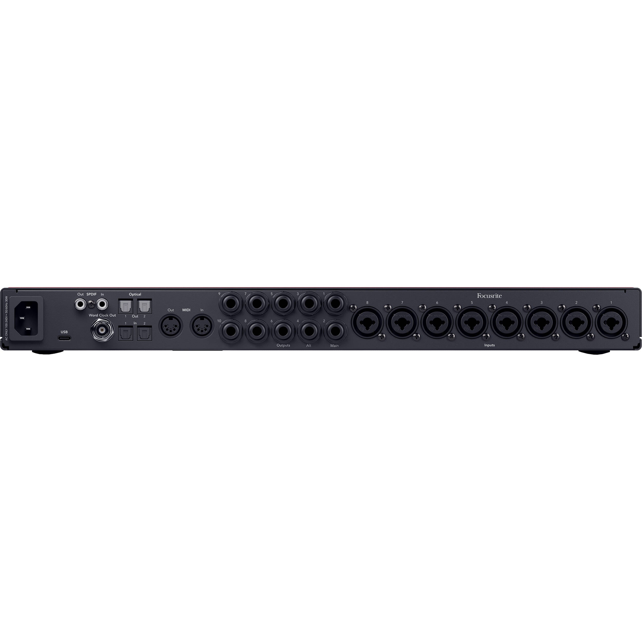 Focusrite Scarlett 18i20 4th Gen audio interface with multiple input and output ports, USB connection, and sleek black design.
