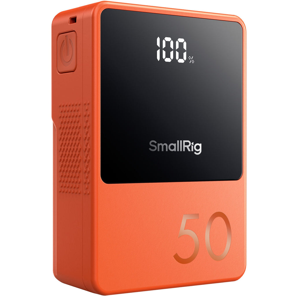 SmallRig VB50 Mini V Mount Battery showing compact design and V mount connection for professional camera power supply.