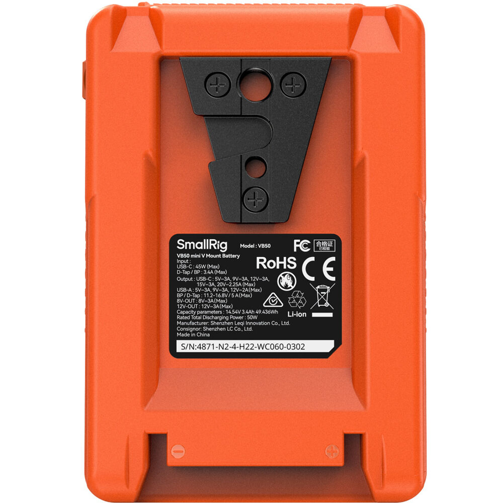 SmallRig VB50 Mini V Mount Battery showing compact design and V mount connector for professional camera power supply.