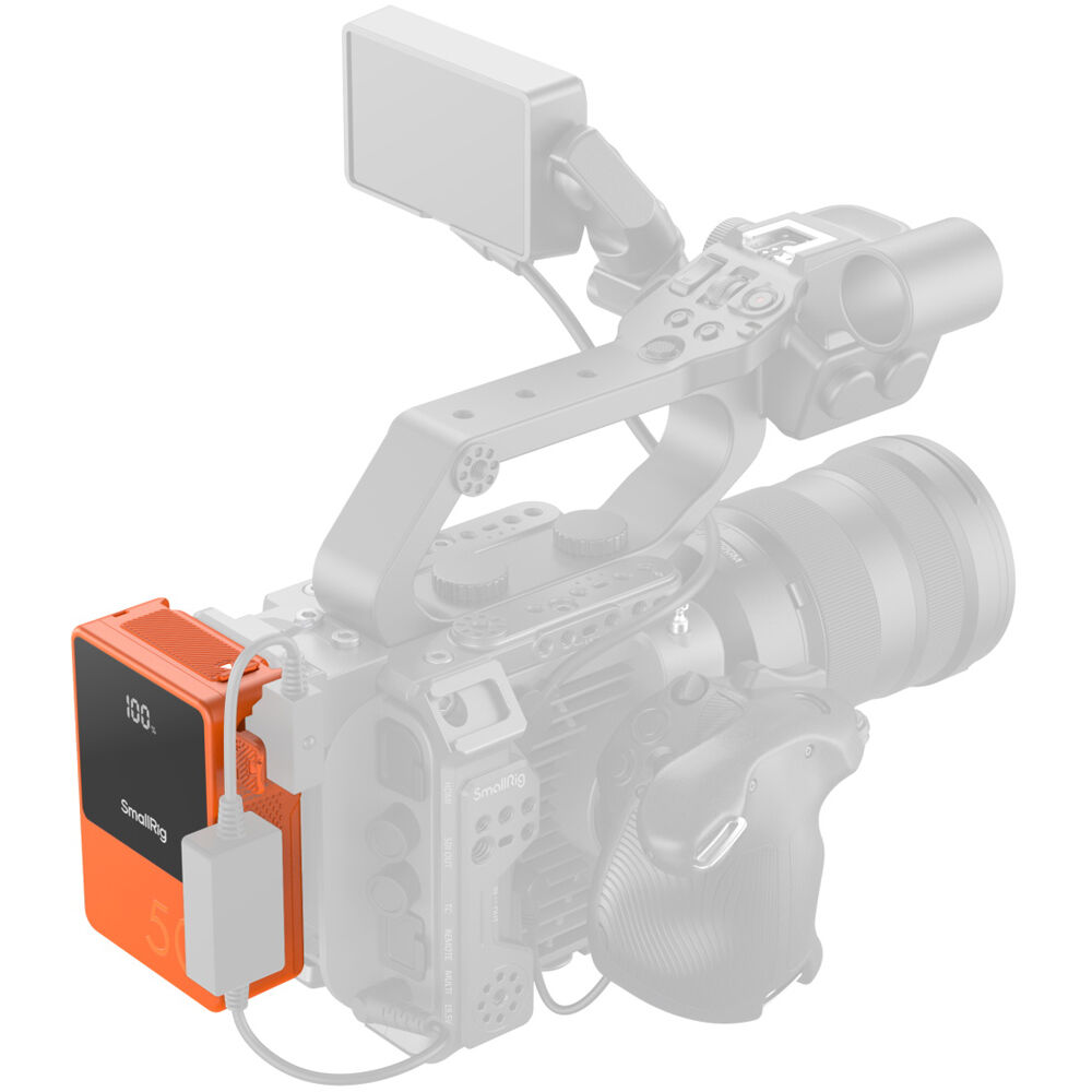 SmallRig VB50 Mini V Mount Battery showing compact design with V mount connector and battery status indicator.