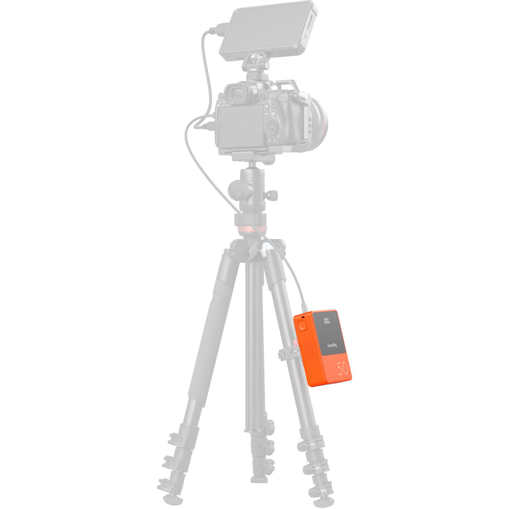 SmallRig VB50 Mini V Mount Battery showing compact V mount power source with battery contacts and branding.