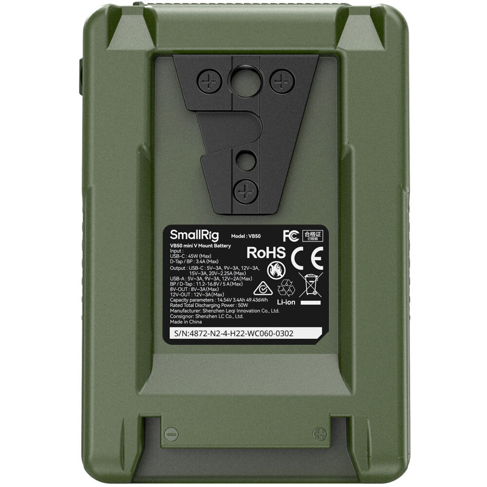 SmallRig VB50 Mini V Mount Battery showing compact design and V mount connector for professional camera power supply.
