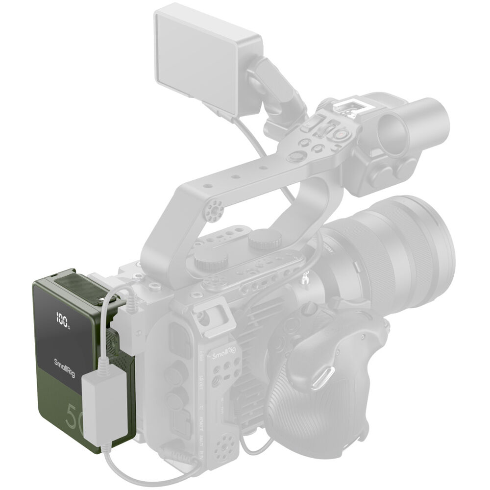 SmallRig VB50 Mini V Mount Battery showing compact design and connection ports for professional camera power supply.