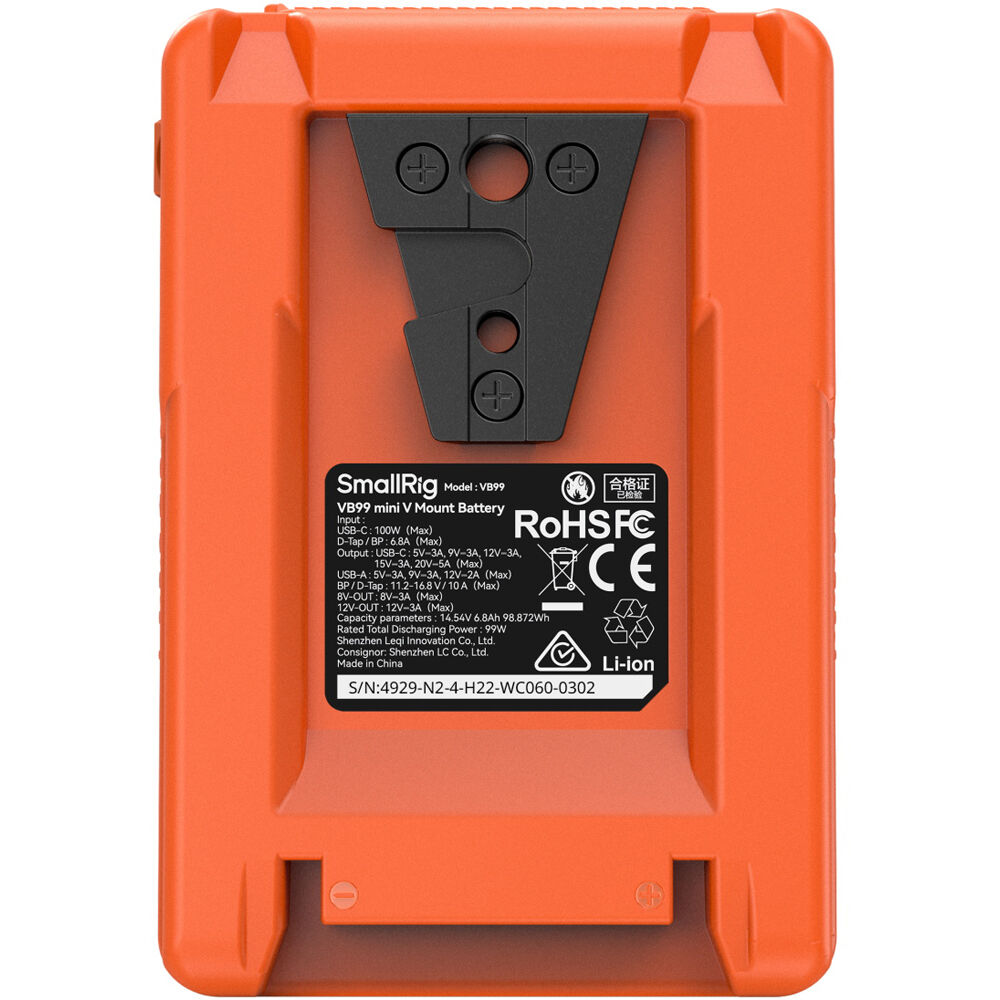 SmallRig VB99 Mini V Mount Battery showing compact design and V mount connection for professional camera power supply.