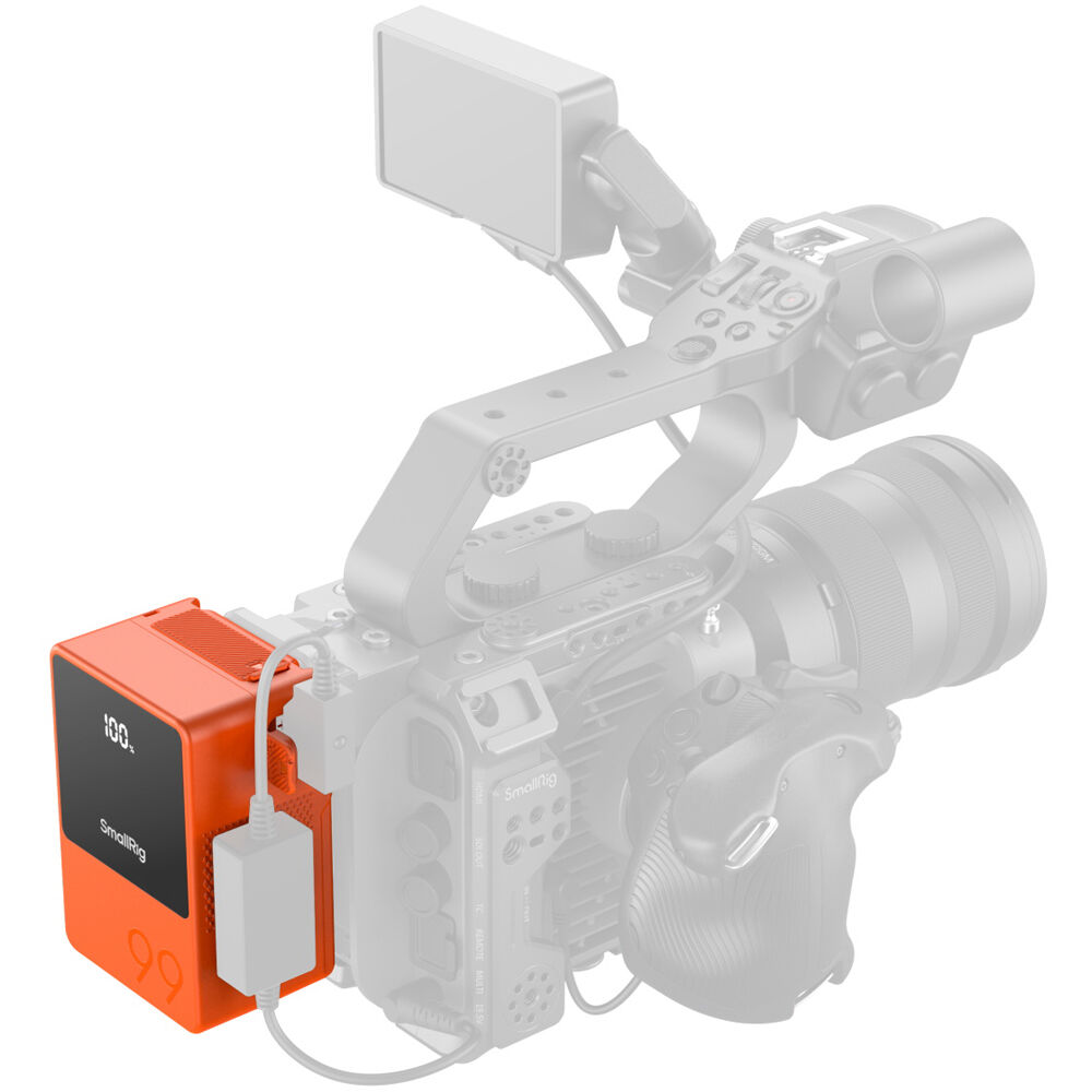 SmallRig VB99 Mini V Mount Battery showing compact design and connection ports for professional camera power supply.