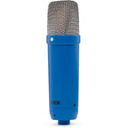 Rode NT1 Signature Series condenser microphone with black body and silver grille, designed for studio recording.