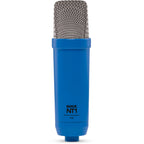 Rode NT1 Signature Series condenser microphone with black body and silver grille, ideal for studio recording and vocals.