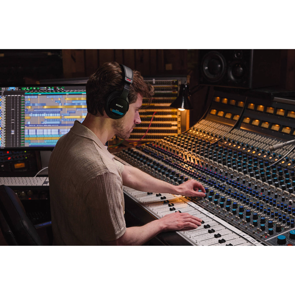 Sony MDR-M1 studio headphones with over-ear design and cushioned ear cups, ideal for professional audio mixing and listening.