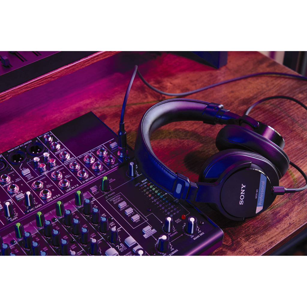Sony MDR-M1 studio headphones with over-ear design, black color, and padded ear cups for professional audio mixing.