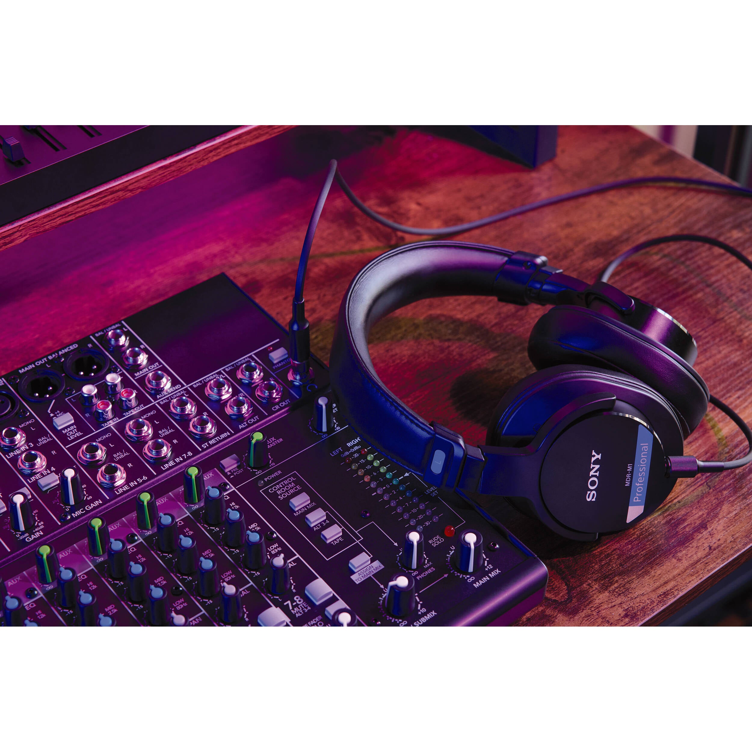 Sony MDR-M1 studio headphones with over-ear design, black color, and padded ear cups for professional audio mixing.