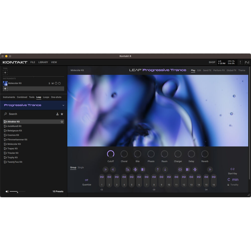 Native Instruments Kontakt 8 music production software interface with virtual instrument controls and waveform display.