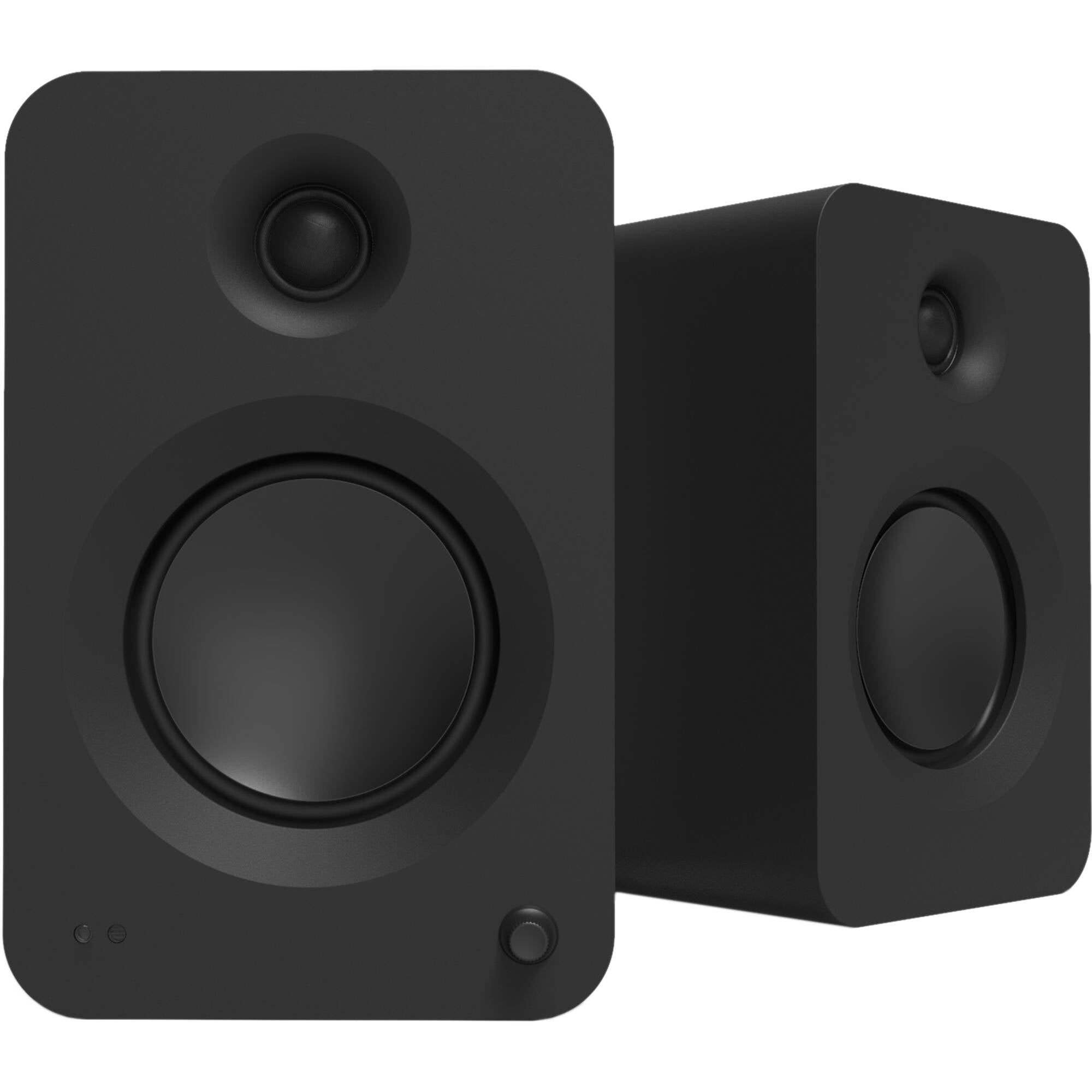 Kanto Audio Ren active bookshelf speakers with sleek black finish and modern design, showcasing front grille and speaker drivers.