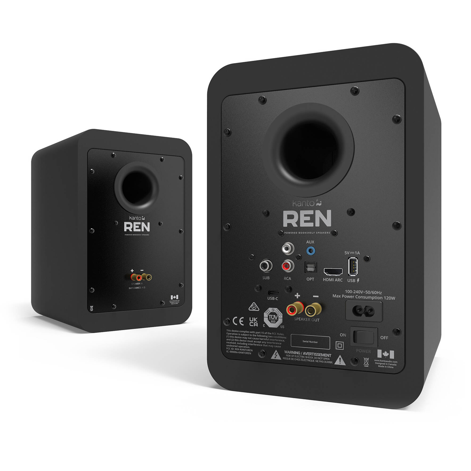 Kanto Audio Ren active bookshelf speakers with sleek black finish and front control knobs for high-quality audio.