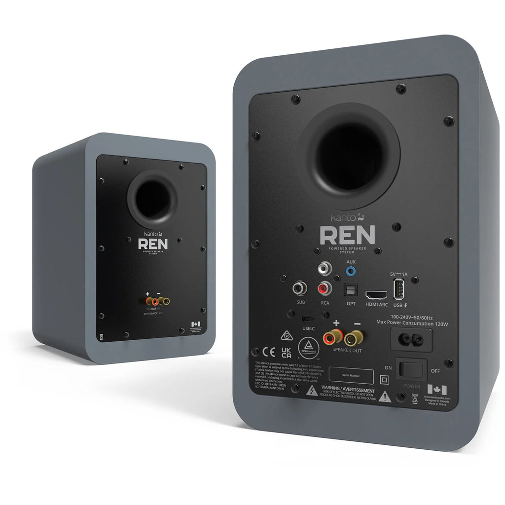 Kanto Audio Ren active bookshelf speakers with sleek black finish, compact design, and front-facing drivers for high-quality sound.