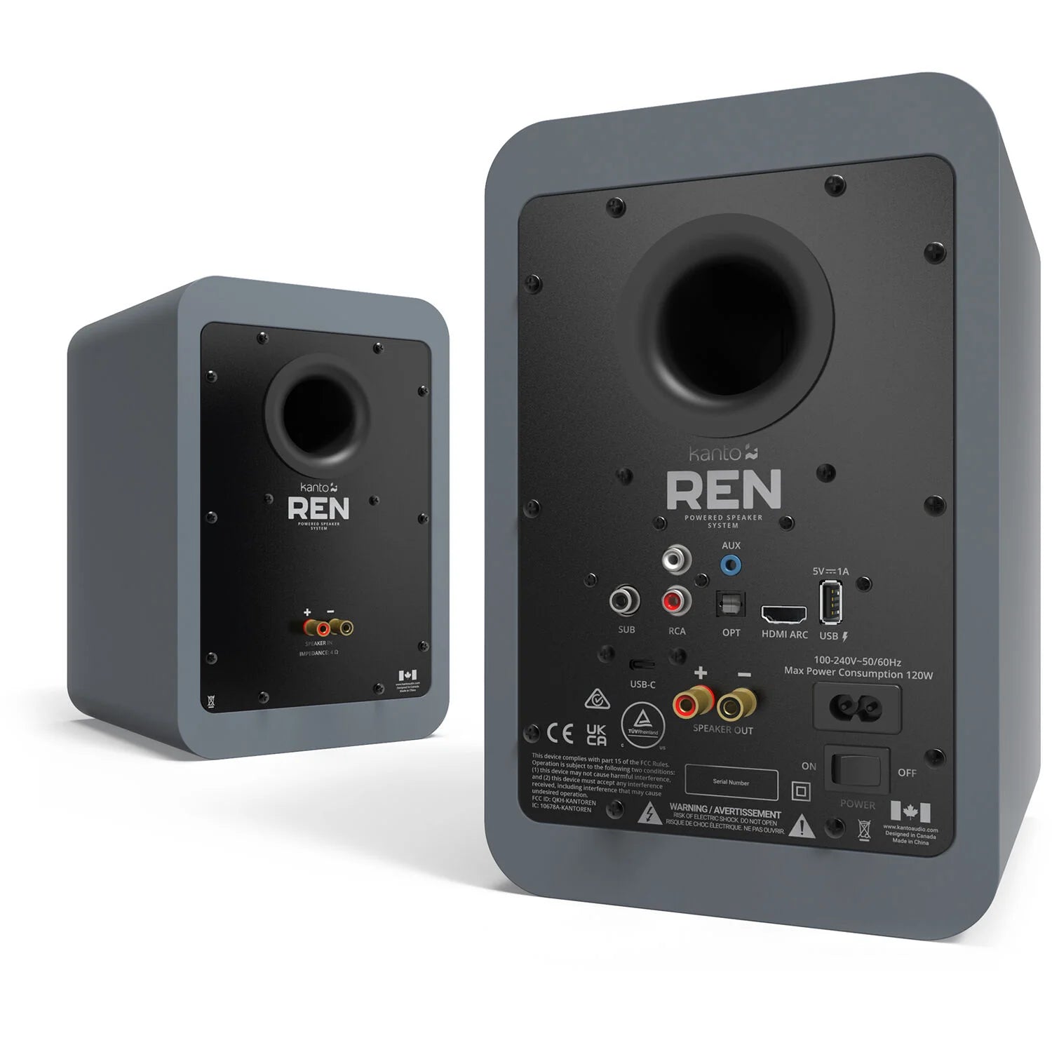 Kanto Audio Ren active bookshelf speakers with sleek black finish, compact design, and front-facing drivers for high-quality sound.