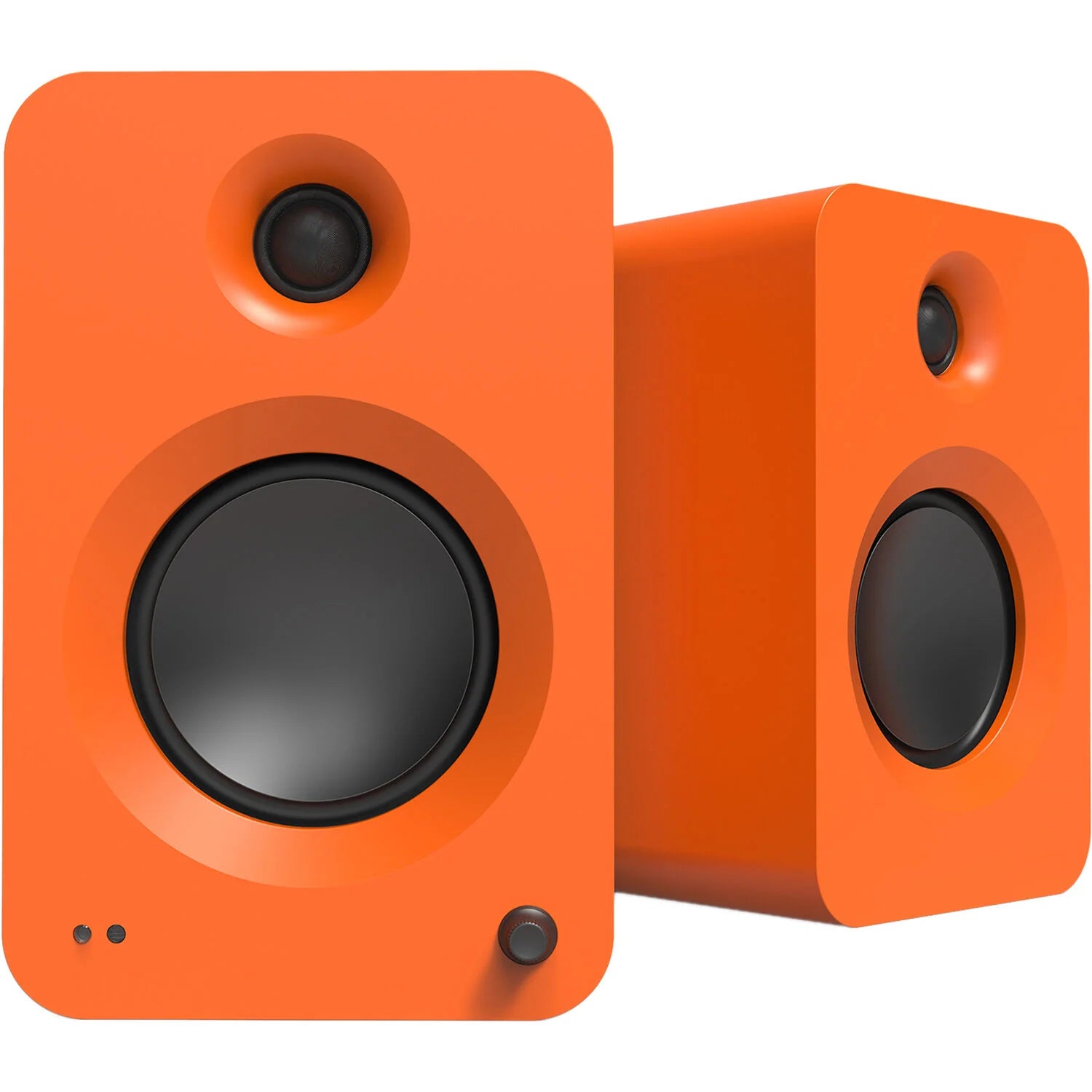 Kanto Audio Ren active bookshelf speakers with sleek black design and front-facing controls for high-quality sound.