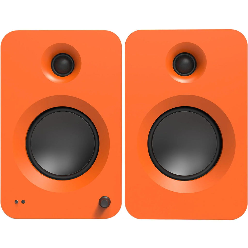 Kanto Audio Ren active bookshelf speakers in black, showcasing sleek design and front-facing speaker drivers.