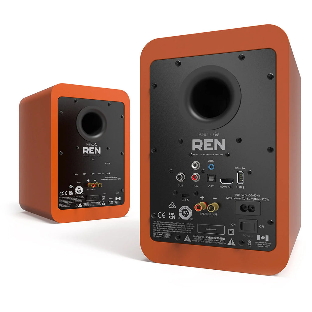 Kanto Audio Ren active bookshelf speakers with sleek black finish and modern design, featuring dual drivers and control knobs.